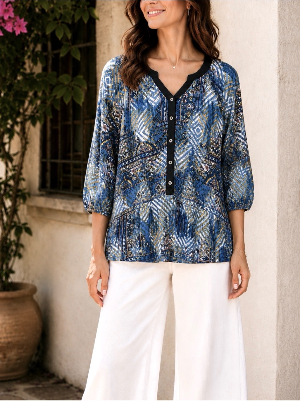 Ali Miles Crinkle Henley Top L/Xl Blue Peplum Hem Balloon Slit Sleeve Tribal Art